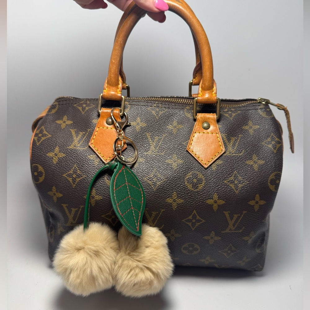 Fluffy Cherries Bag Charm/Keychain w/Green Leaves & Gold Hardware Oversized